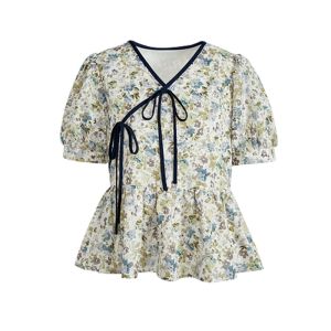 New Chinese Style Floral Tie V Neck Short Sleeve Bubble Sleeve Shirt Womens Summer Fashion Top Loose Fit Printed Embroidered Hollow Butterfly Knot