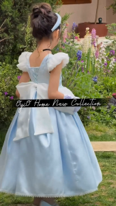 Luxury Girls Light Blue Princess Dress Puff Sleeve Embroidered Satin Ball Gown Kids Birthday Party Wedding Flower Girl Costume