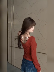 Áo thun nữ tay dài cổ chữ V hở lưng hai mảnh màu đỏ phong cách Hàn Quốc thiết kế mới mùa thu