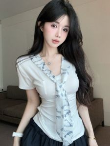 GUZILIAN | Pure Desire Design Sense Printed Sash V-neck Short Sleeve Womens T-shirt Summer Slimming Age-defying Top Korean Style Commute Wind