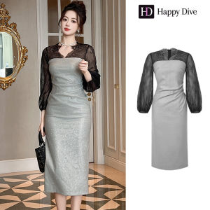 Happy Diva เดรสผู้หญิง เดรสสีเทา เดรสลูกไม้ เดรสคอวี เดรสทำงาน เดรสไฮโซ เดรสวินเทจ เดรสออกงาน เดรสปาร์ตี้ ชุดราตรี 9809