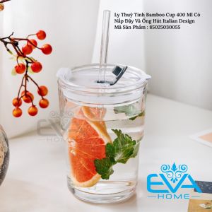 Ly Thuỷ Tinh Bamboo Cup 400 ML Phong Cách Ý Có Nắp Đậy Và Ống Hút Thuỷ Tinh Sang Trọng