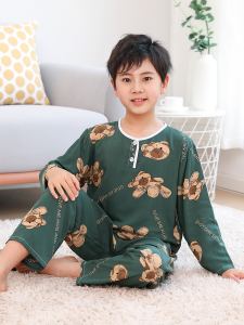 Summer Childrens Cotton Silk Sleepwear Thin Long Sleeve Home Clothes Set for Boys Cartoon Air Conditioned Home Comfortable