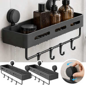No Drill Suction Cup Bathroom Shelf with Hooks & Towel Bar / Draining Shower Shampoo Gel Storage Rack / Removable Multifunctional Bathroom Kitchen Organizer