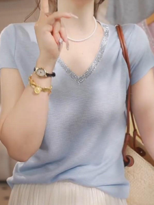 Shalldoer | Áo len dệt kim cổ chữ V màu trơn dáng rộng tay ngắn mùa hè cho nữ Áo sơ mi thường ngày thoải mái thoáng khí