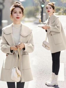 Elegant Woolen Jacket Coat Womens Fashionable Autumn Winter Thickened Korean Style Straight Cut Long Sleeve Pure Color Coat