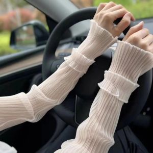 ฤดูร้อนยาวแขนป้องกันแสงแดดครีมกันแดดBreathable Mittens Lady Sun Protection Fingerlessบางลูกไม้ตาข่ายแขนแขนAnti-UV