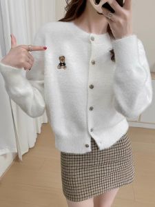 Áo Len Cardigan Dệt Kim Thêu Hình Gấu Nhỏ Cho Nữ Dáng Rộng Thời Trang Xuân Thu Áo Len Ngắn Đa Năng Cho Bé Gái