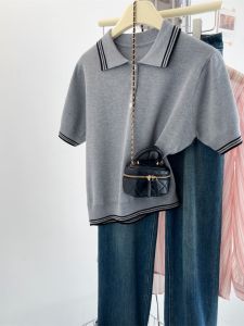 Big Brand Cut Label Withdraw from Cupboard Leak-Picking Gray Polo Shirt Knitting Short Sleeve T-Shirt Womens Summer Temperament Wild Polo Collar Top