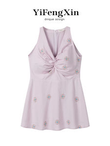 YIFENGXIN | Design Purple Embroidery V-Neck Tie Neck Sleeveless Tank Top