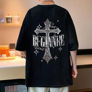 100% Pure Cotton Heavyweight American Retro Cross Print Short Sleeve T-Shirt Men Summer New Loose Top Student Breathable Youth Fashion