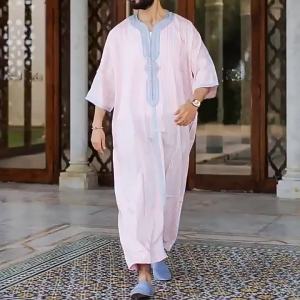 M1008  New Cross-Border Solid Color Middle East Arab Robe Button Simple plus Size Mens Muslim Robe