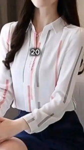 Kemeja Blus  Motif Garis Elegan Lengan Panjang Warna Putih