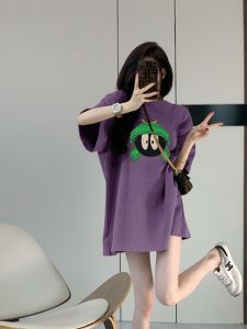 Loose Long Pure Cotton Purple European Style T-Shirt Womens Short Sleeve Butt Covering Top Summer Fashion Casual round Neck