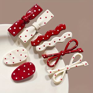 8pcs Vintage Red Polka Dot Hair Clips with Sweet Bow Design Suitable for Bangs And Side Hair Cute Korean Style Hairpins