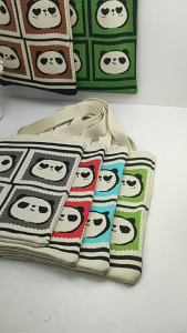 EH Knitted Canvas Woven Large Capacity Cute Animal Panda Print Light Shoulder Sling Women Tote Bag