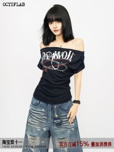 OCTTFLAB American Retro Hot Girl One Shoulder Letter Print T-Shirt Women Summer Shoulder Exposure Slim Fit Top Women