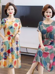 Váy Voan Lụa Tay Ngắn Mùa Hè Cho Mẹ Trung Niên Và Cao Tuổi Váy Midi Cổ Tròn in Họa Tiết Cỡ Lớn Cho Bà Ngoại Váy Chữ a Thoải Mái