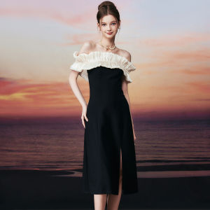 TAMMY TANGS | Hebe Style One Shoulder Gored Skirt Dress Womens High Waist Elastic Knitted Spring Summer Autumn Zipper Closure Slim Fit Dress