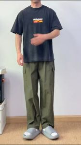 cargo pants for men trendy midwaist army green pants  Elastic band Wide Leg loose trouser retro jogger pants