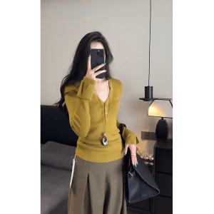 Early Autumn Vintage Ginger Yellow V-Neck Long Sleeve Knitted Sweater Womens New Design Slimming Base Layer Top