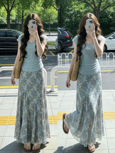 XUECAIQI | Attractive Lace Edge Short Sleeve Knit Top Floral Half Skirt Set