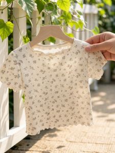 Áo Thun Nữ Trẻ Em Kiểu Hàn Quốc Vải Lụa Băng Với Hoa Văn Ren Nhỏ