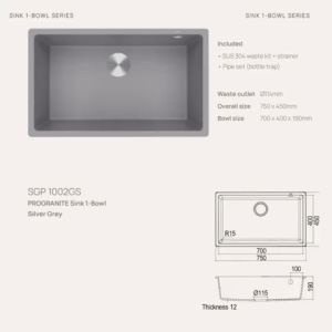 PALOMA SGP 1002 Kitchen Sink Bak Cuci Piring Dapur Progranite 1 Bowl Topmount Undermount Pro Granite Granit Quartz Top Under Mount Black Grey Gray White Hitam Abu Putih 1002BC 1002GS 1002WR