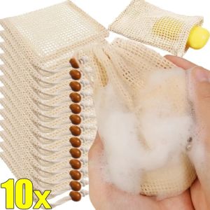 10Pcs Hangable Soap Bags Natural Cotton Linen Foaming Soap Cleanser Net Bags Household Shower Cleaning Tools