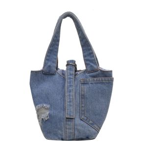 Retro Minority Denim Bucket Bag Casual Canvas Handbag Womens Versatile Small Bag Idle Style Shopping Mobile Phone Bag