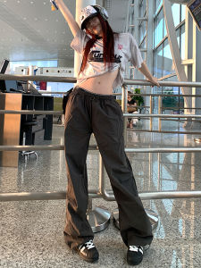 กางเกงขายาวทรงหลวมเอวสูงสำหรับผู้หญิง สไตล์อเมริกัน สีเทา ทรงหลวม กางเกงขายาวทรงหลวมสำหรับใส่ทำงาน ฤดูใบไม้ร่วง 2023