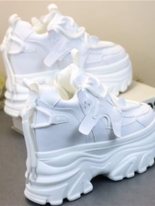 Womens Sporty Platform Sneakers 10cm Heightening Thick Heel Casual Low Top Lace up round Toe PU Leather Solid Color