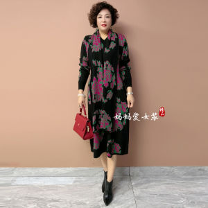 Elegant Knitted Dress Mom Large Size Sweater Dress Floral Print Loose Fit Overhead Style for Autumn Winter Commute