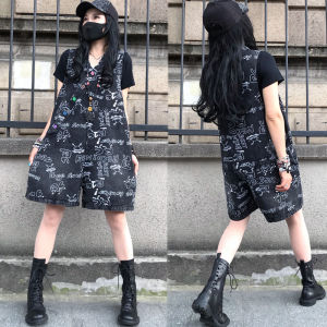 Fashionable V-Neck Denim Print Jumpsuit Straight Wide Leg Retro One-Piece Summer Design High Waist Short Pants Womens Jeans