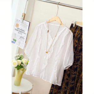 XIAOER | 100% Ramie Lace Single Button Trimmed Short Sleeve Top