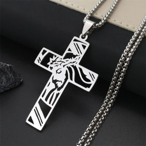 Christ God Cross Jesus Crown of Thorns Chain Necklace Men Stainless Steel Crucifix Necklace Jewelry colar masculino N7074S02
