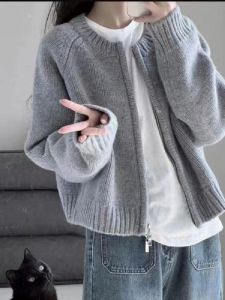 เสื้อสเวตเตอร์ถักสั้นสีเทา ทรงหลวม แขนยาว สำหรับผู้หญิง ฤดูใบไม้ร่วง/ฤดูหนาว 2025 เสื้อคาร์ดิแกนเปิดด้านหน้ามีซิป ทรงหลวม