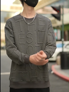 Mens long sleeved round neck hoodie versatile letter concave convex three-dimensional top new trendy brand loose casual long sleeved t-shirt