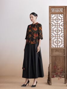 Autumn Winter Ladies Silk Top Fragrant Cloud Silk Traditional Chinese Style round Neck Seven Sleeve Straight Cut Floral Print