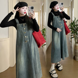 Maternity Denim Bib Dress Set Single Button Retro Washed Loose Midi Length Korean Style round Neck Long Sleeve Dress for Pregnant Women
