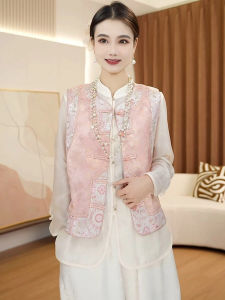 New Chinese Style Womens Fashionable round Neck Embroidered Loose Vest Traditional National Trend Single Button Closure Top