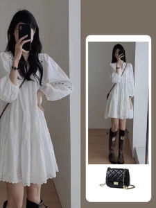 Spring Autumn Student Sweet Style Bubble Sleeve Shirt Dress Womens Long Sleeve mid Length Skirt Cotton Polyester Fabric V Neck
