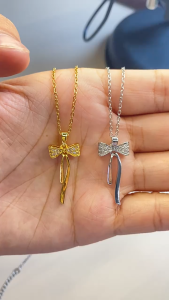 Original 916 gold tassel bow with diamond necklace for women