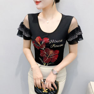 YIMEI เสื้อตาข่ายประดับเพชรแบบใหม่สำหรับฤดูร้อน2025เสื้อเชิ้ตลีลาศแขนสั้นลายใบบัวเสื้อยืดปักหมุดเพชรทันสมัยและใช้งานได้หลากหลายสำหรับผู้หญิง