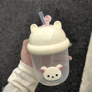 Bandai | Kawaii Rilakkuma Plastic Straw Water Cup Cute 3D Bear Head Lid Large Capacity Portable Leakproof Summer Drink Bottle Gift