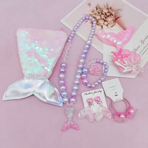 O-KAY Cartoon Mermaid Jewelry Set for Kids – Necklace Earrings Ring Bracelet & Hairpin with Gift Box