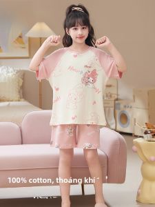 MiiOW | Bộ đồ ngủ cotton nguyên chất mùa hè cho bé gái MiiOW Cat Face Áo thun cotton dài tay cổ tròn dễ thương Bộ đồ ngủ cho bé gái