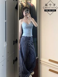 Quần Dài Kẻ Caro Dài Đến Sàn Cho Nữ Quần Dài Ống Đứng Dáng Rộng Thoải Mái Đa Năng Phong Cách Thường Ngày