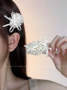 Elegant French Style Pearl Hair Clip White Moonlight Ribbon Butterfly Knot Side Part Hair Clip Fashionable Hair Accessories