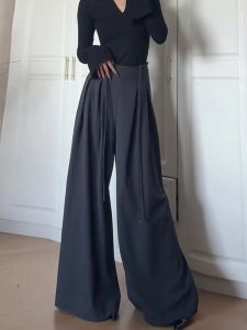 Grey Floor-Length Draped Suit Pants Womens Loose Slimming Wide Leg Trousers High Waist Casual Autumn Fashion plus Size